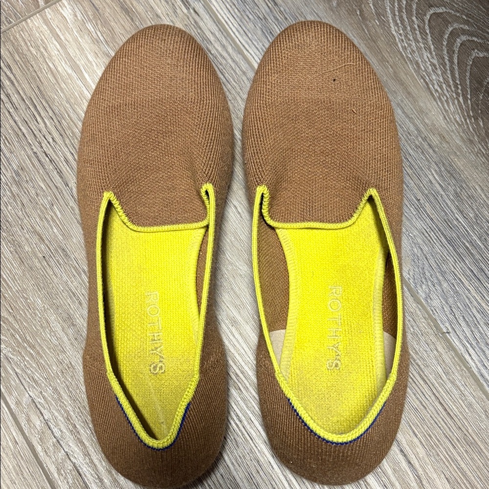 Rothy's Tan Slip-Ons with Yellow Interior